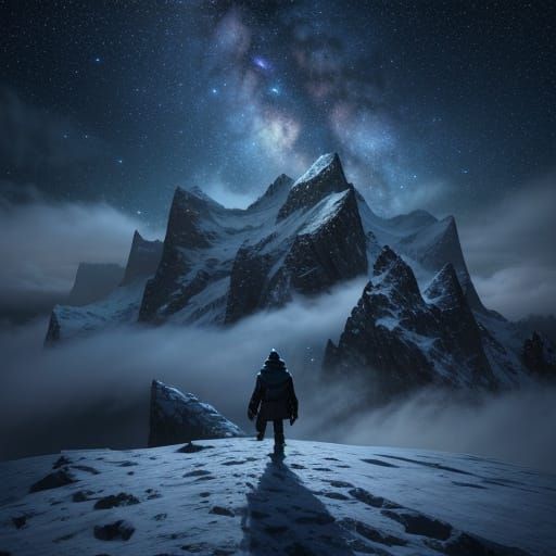 Man Views Snowy Village From Mountain Ridge