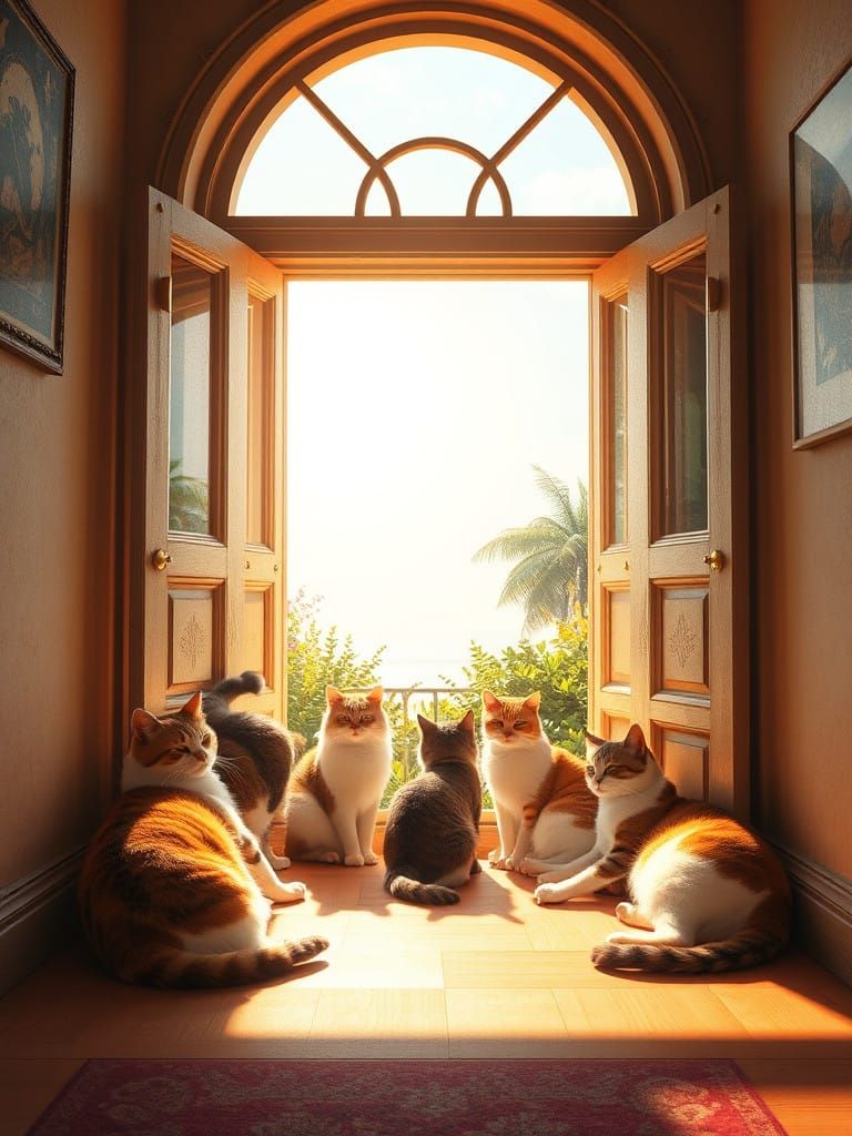 Cats Bask in Radiant Light Within a Sunny Gate
