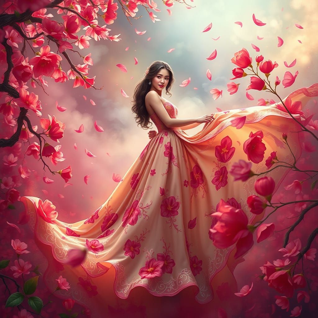 A stunning portrait of a woman in a flowing gown adorned with flowers. Her elegant pose and delicate features are surrou...