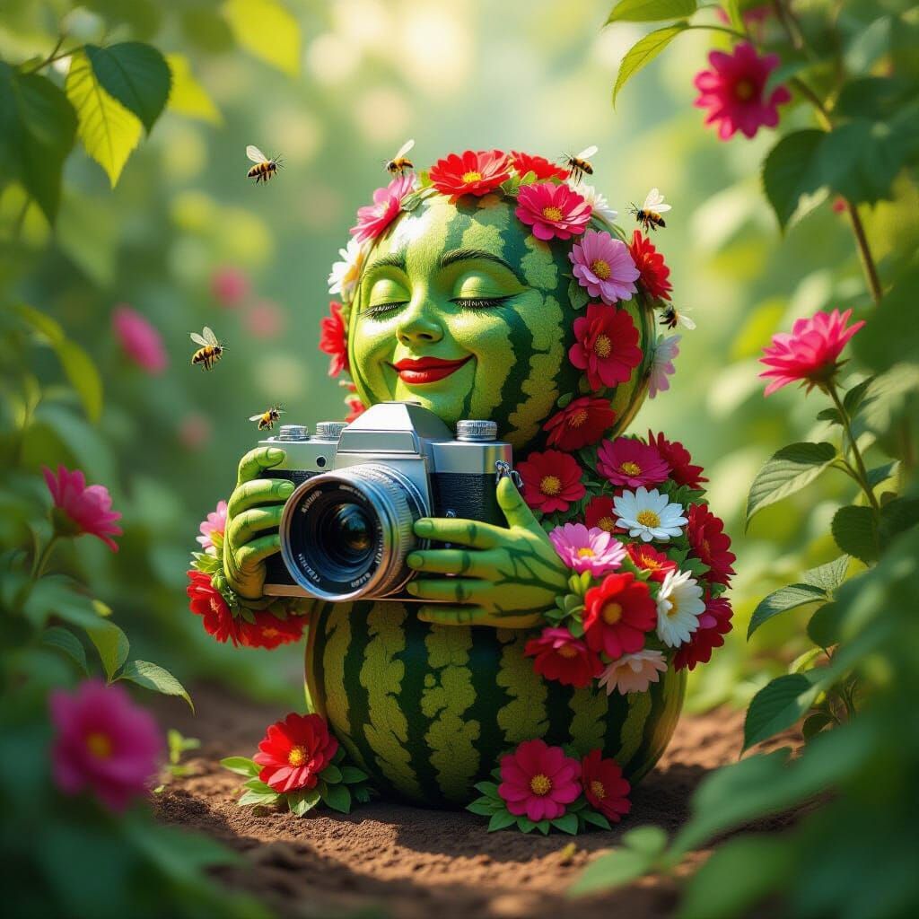 Whimsical Flower Camera Captures Watermelon Golem Portrait