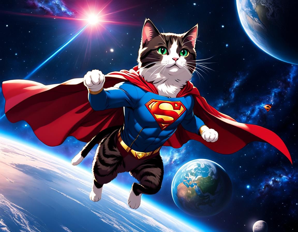 Cat as Superman Flying in Space: Anime Style