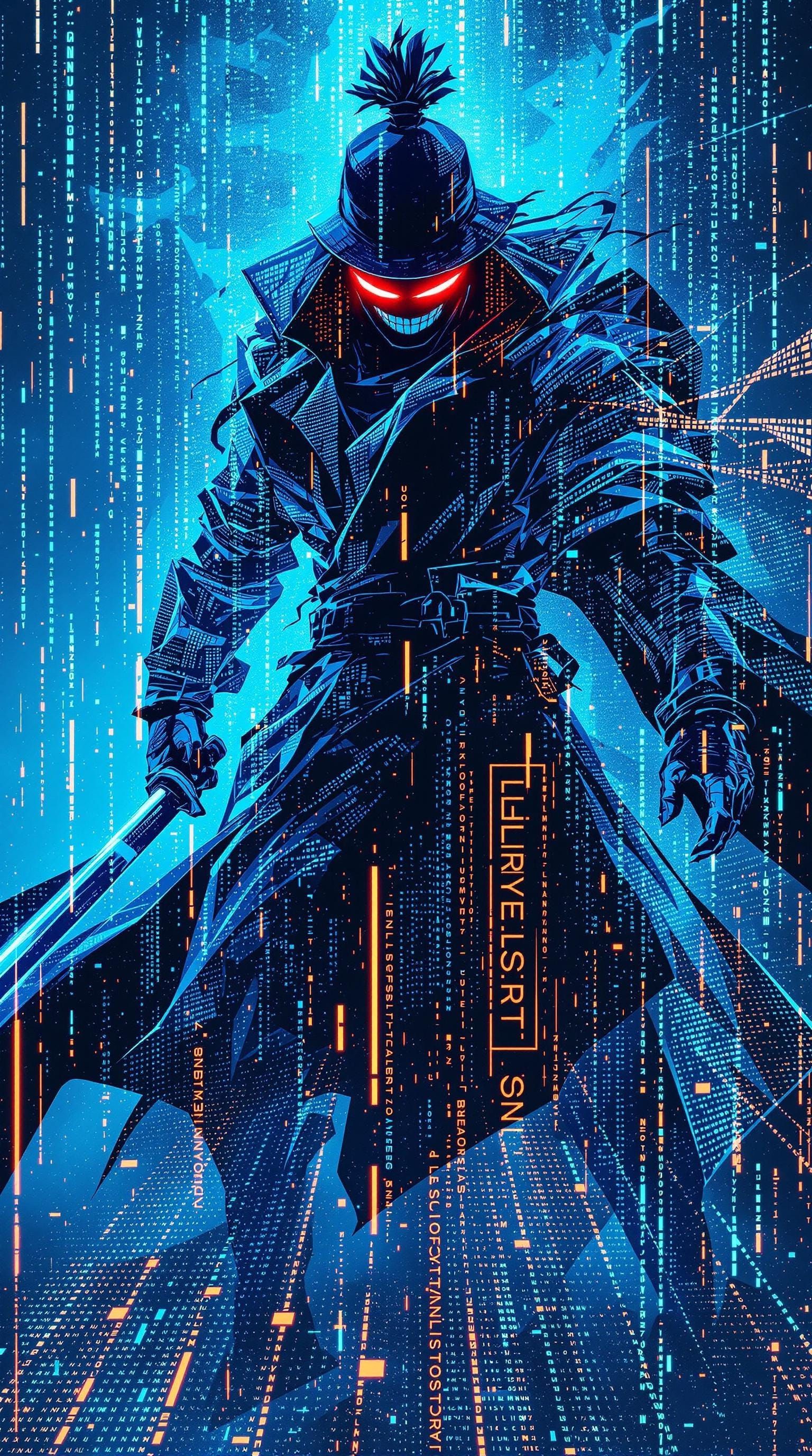 Cyberpunk Samurai in ASCII Rain: Neon Digital Art