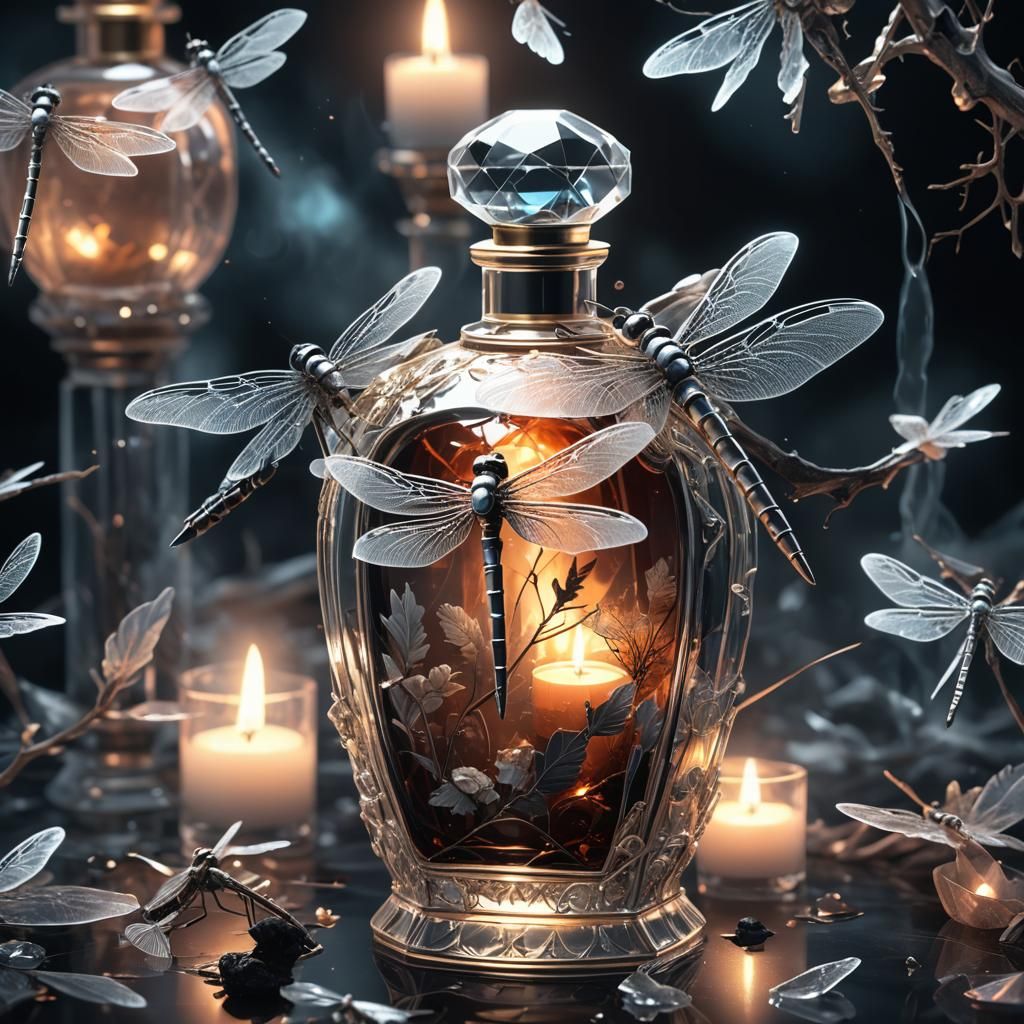 Dragonflies with Fiery Wings in Gothic Perfume Bottle