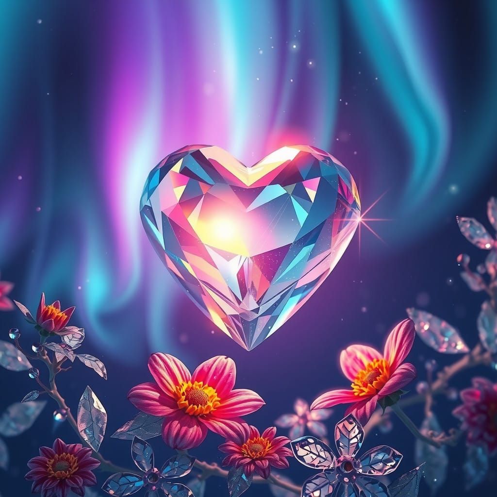 Rainbow Gemstone Heart amidst Northern Lights and Sparkling ...