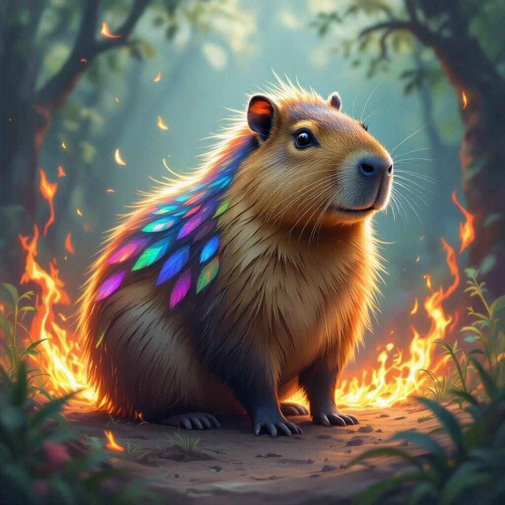 Fiery Capybara Phoenix in Dreamlike Setting