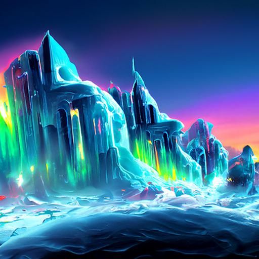Glowing Ice Castle Fortress with Aurora, Cel-Shaded