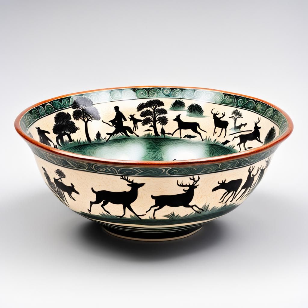 Ceramic Bowl with Detailed Hunting Scene