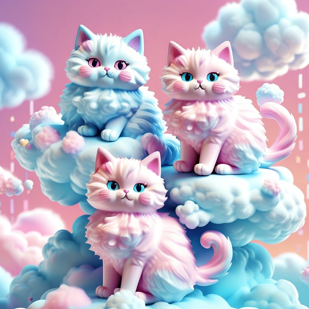 Cotton Candy Cats on a Cloud: 3D Render