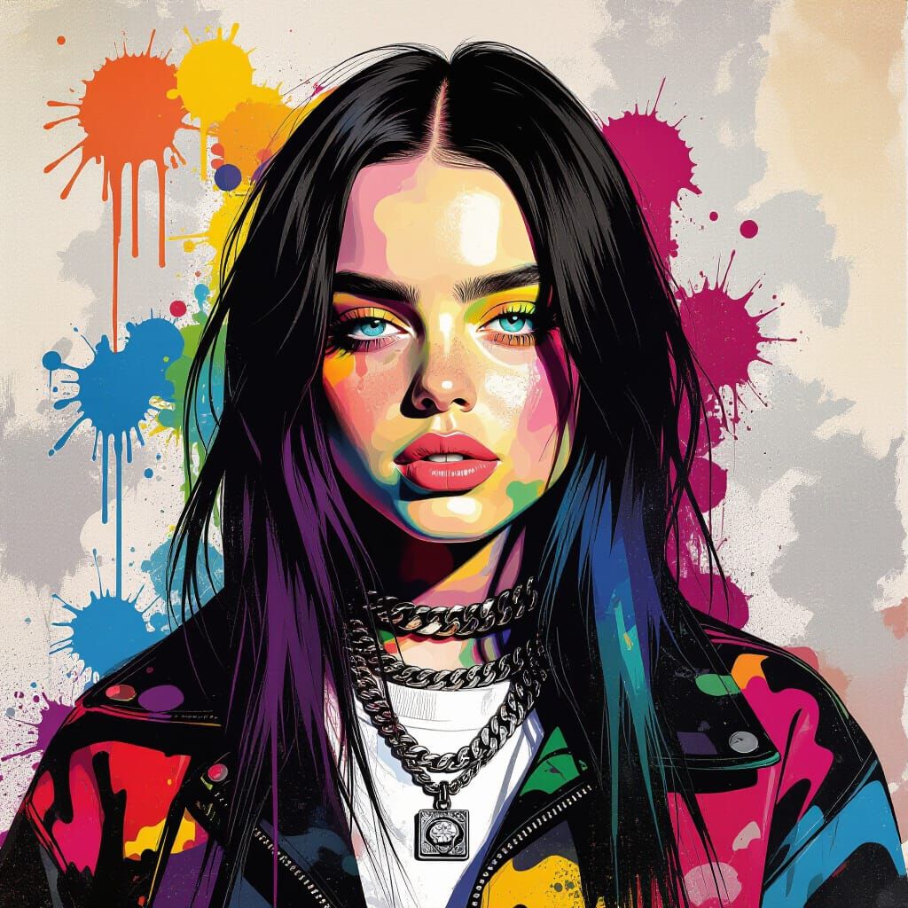 Billie Eilish in Vibrant Graffiti and Splash Art Style