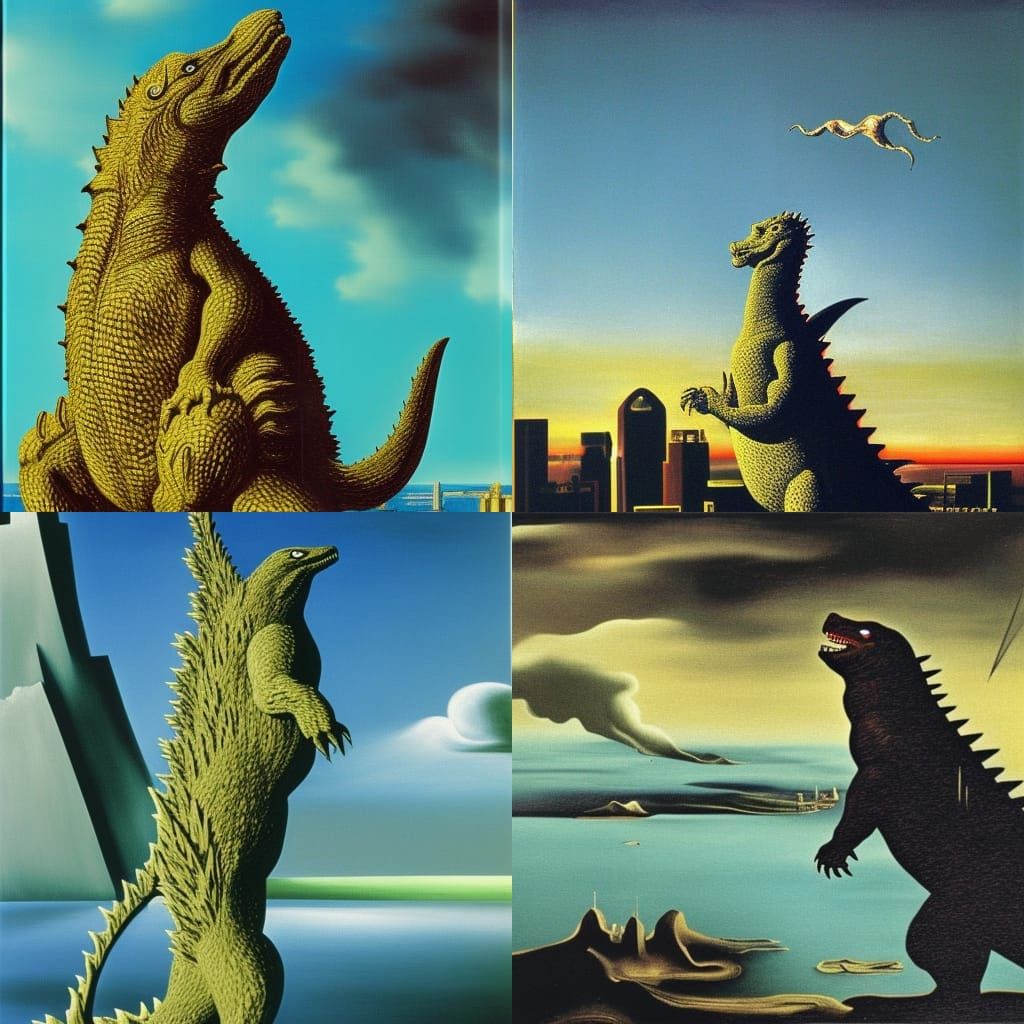 Godzilla Scratches Arch: Surrealist Oil Painting