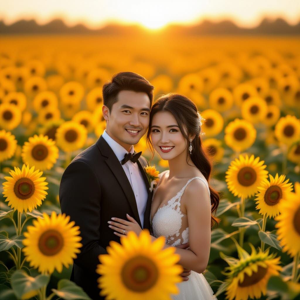 Radiant Couple in Golden Sunflower Field