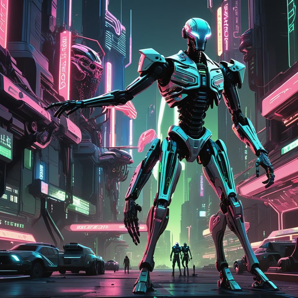 Cyberpunk Warrior Versus Drones in Neon Cityscape