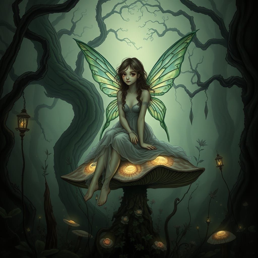 Bioluminescent Fairy in Enchanted Forest, Art Nouveau Style