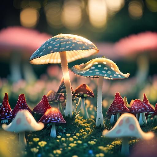 Amanita Muscaria in Pastel Garden at Golden Hour