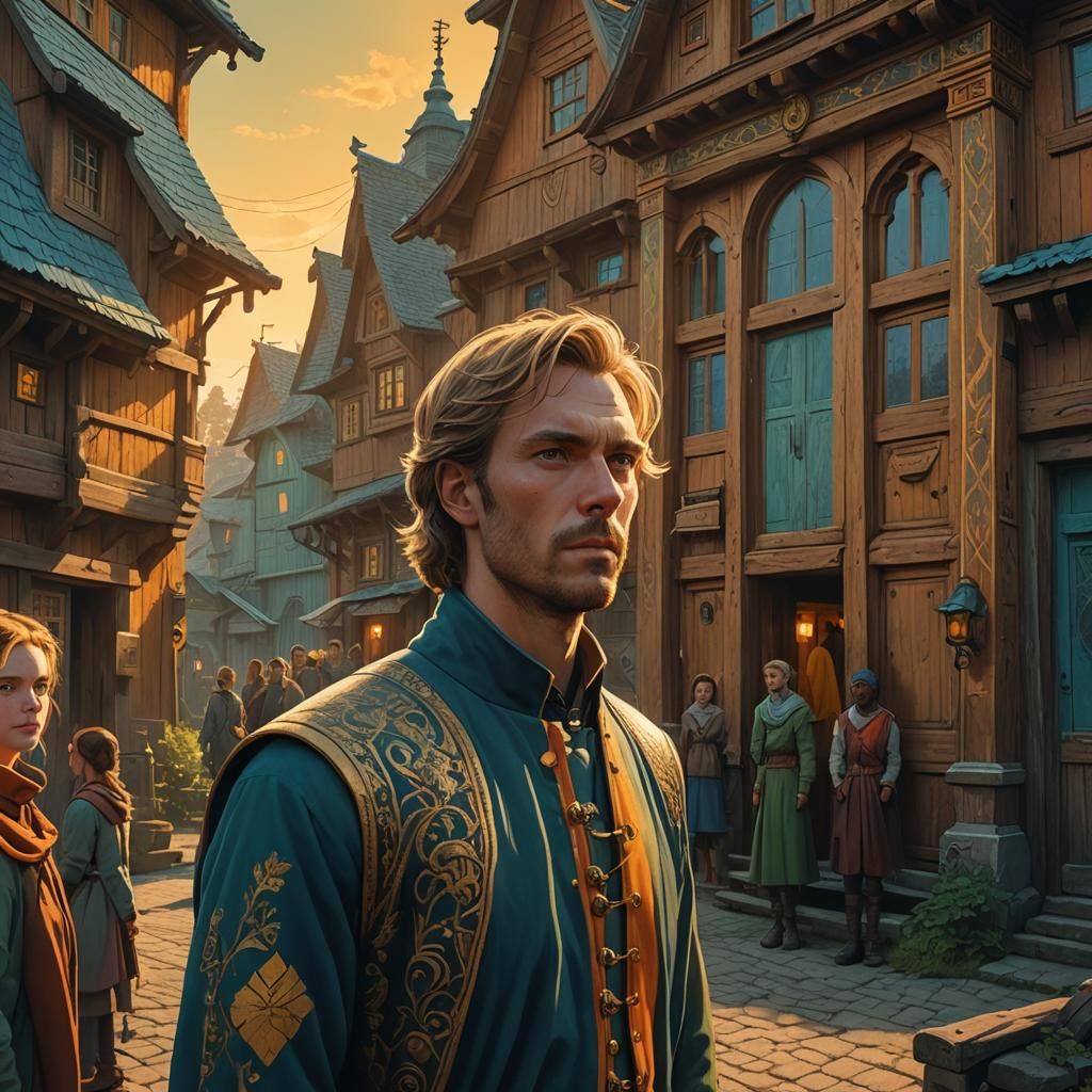 Prince in Village, Renaissance-Inspired Fantasy Art