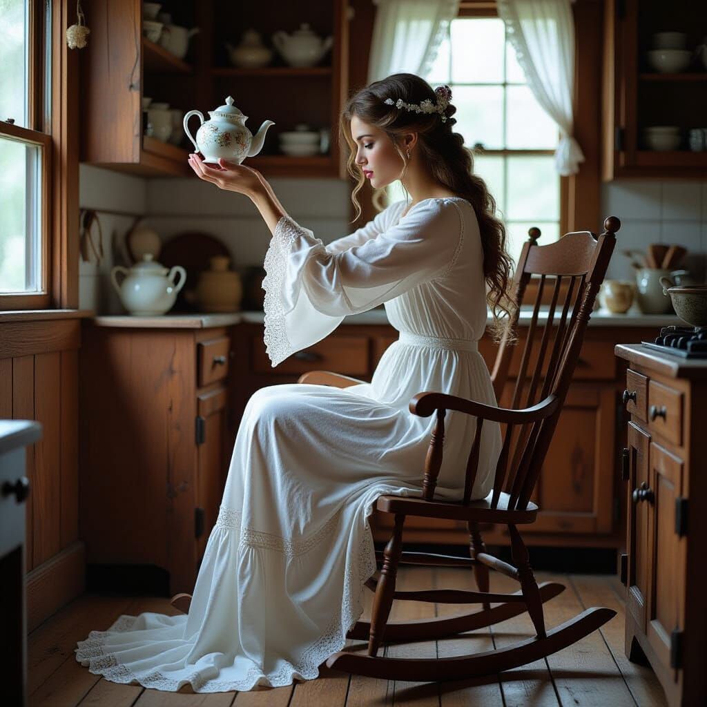 Elven Woman Reaching Teapot: Pre-Raphaelite Style
