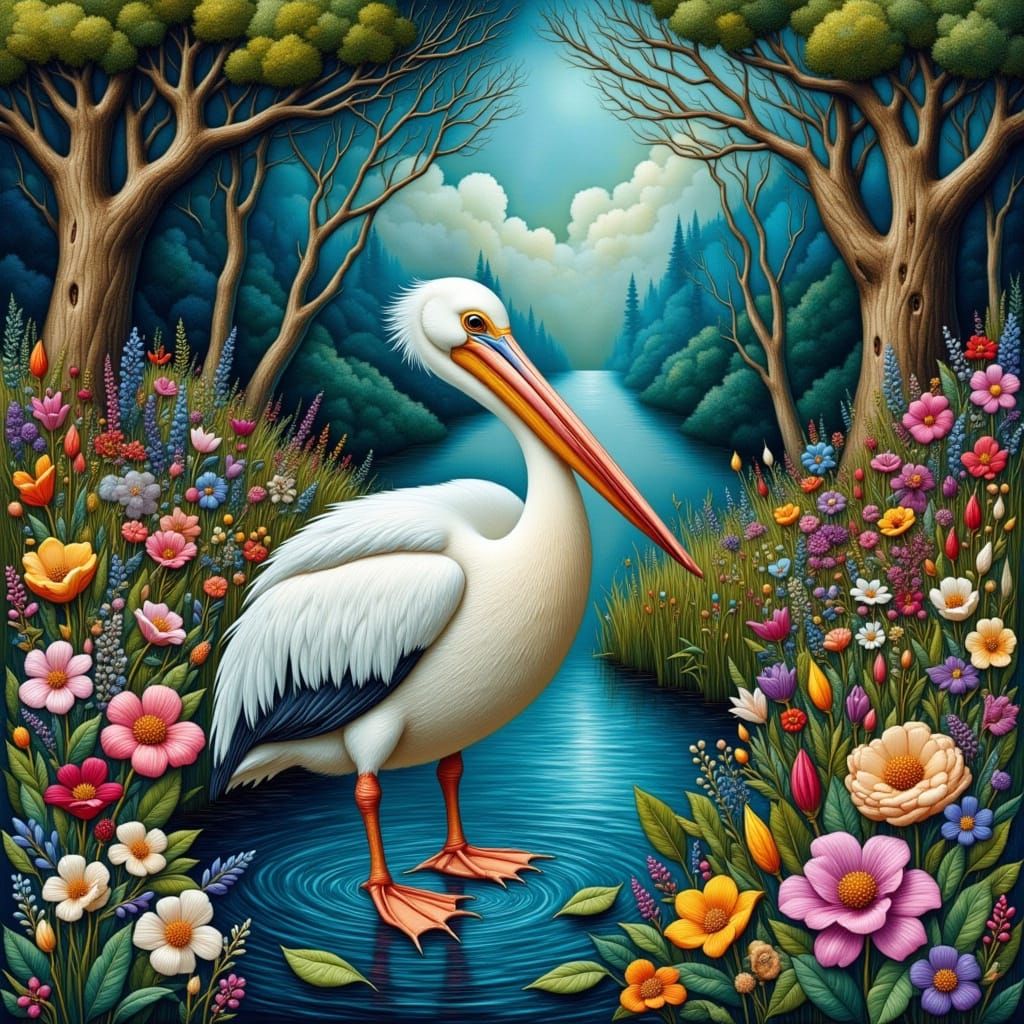 Pelican in Forest, Collaged Flowers, Cosmic Illustration