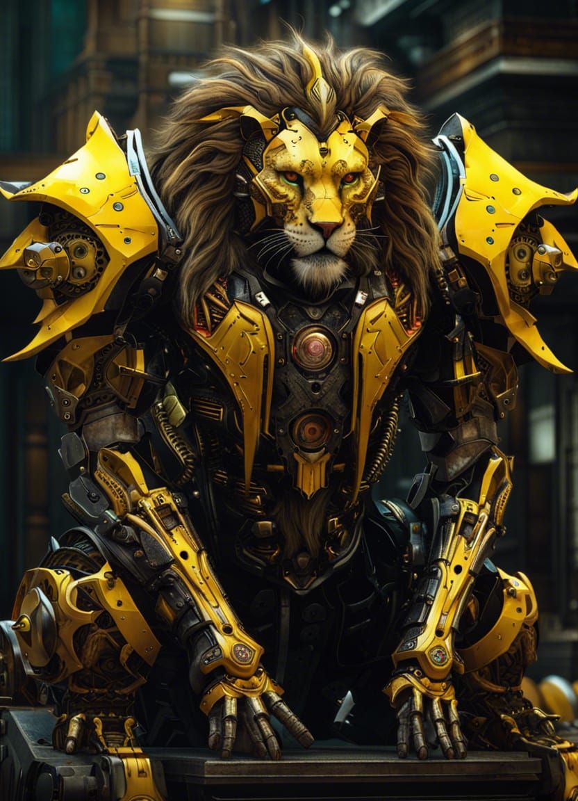 Biomechanical Lion in Cyberpunk Clockwork Armor