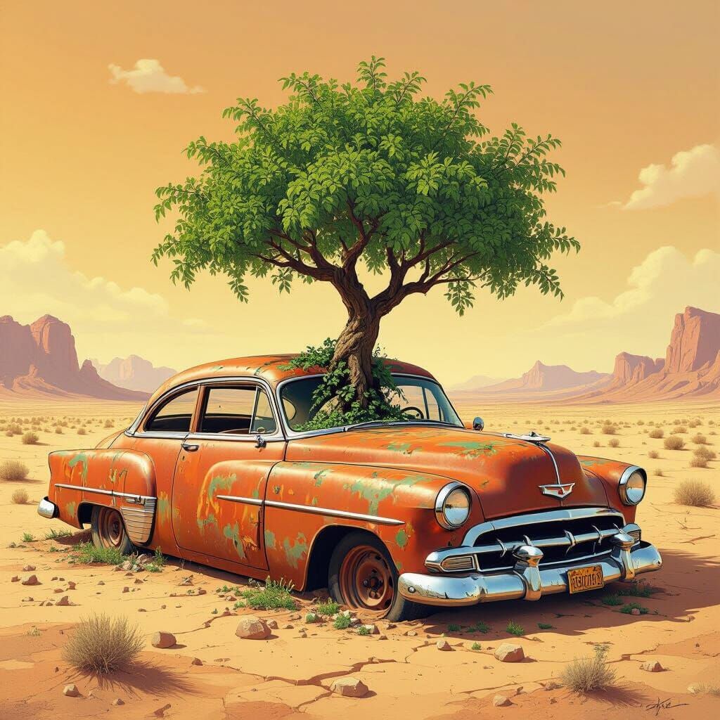 Money Tree Sprouts from Desert Wreck in Hyperrealism