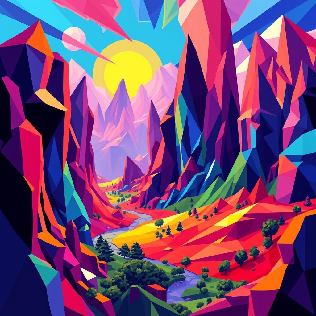Vibrant Pixel Art Cubist Landscape