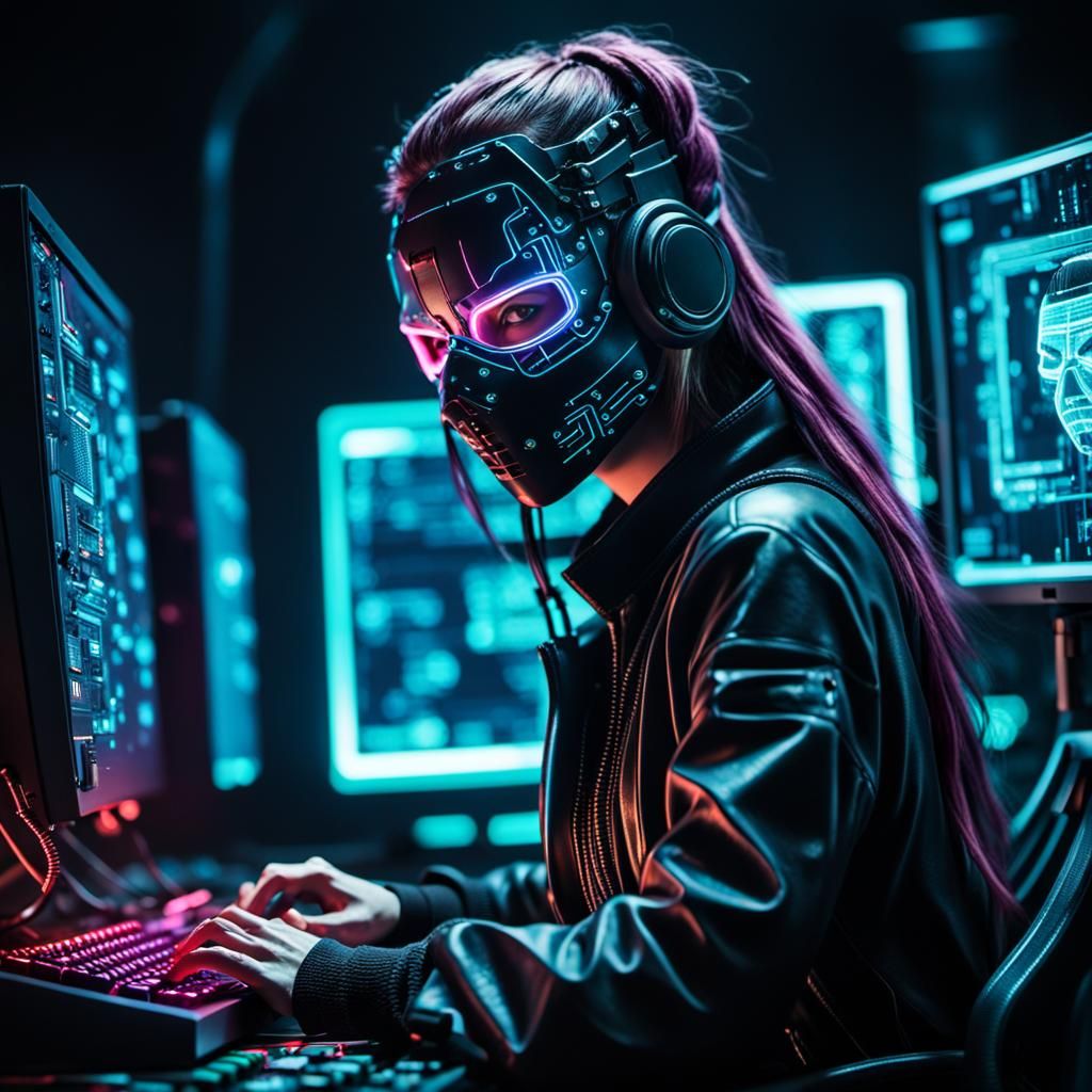 Cyberpunk Masked Hacker in Dark Neon Lair