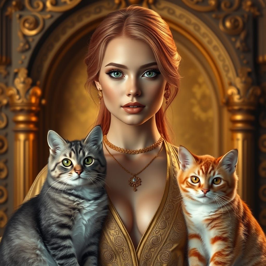 Woman With Cats in Golden Archway, Photorealistic Digital Pa...
