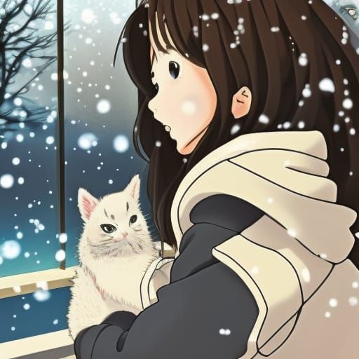 Anime Girl with Kitten, Ghibli-Style Winter Scene