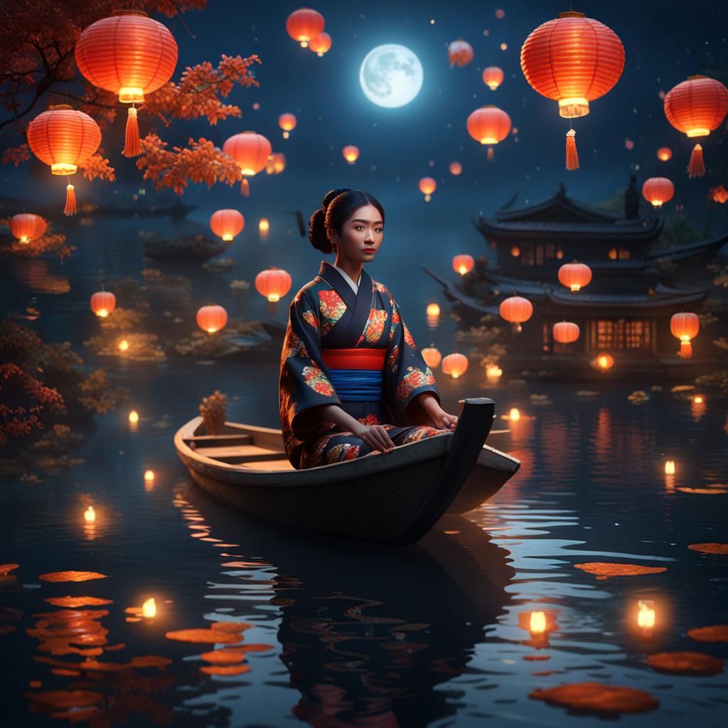Amerindian Woman in Kimono with Flying Lanterns