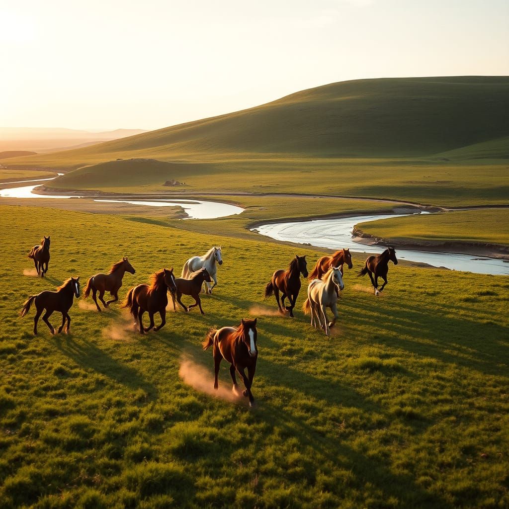 Wild Horses Galloping at Sunset in Hyperrealism
