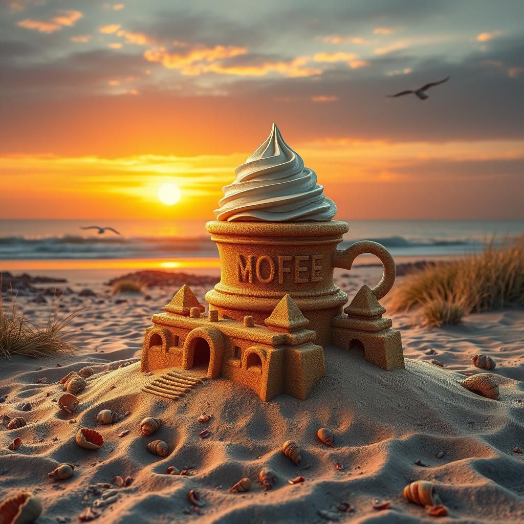 Golden Coffee Cup Sandcastle at Sunset