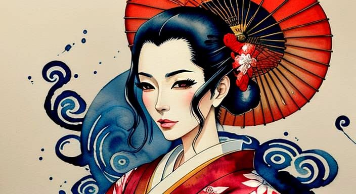 Double Exposure Geisha Art in Batik Watercolor Style