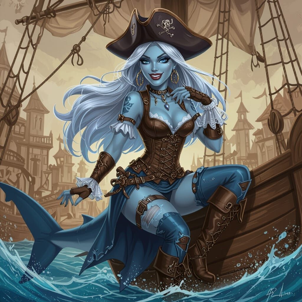 Shark Woman Pirate Queen in Fantasy Art Style