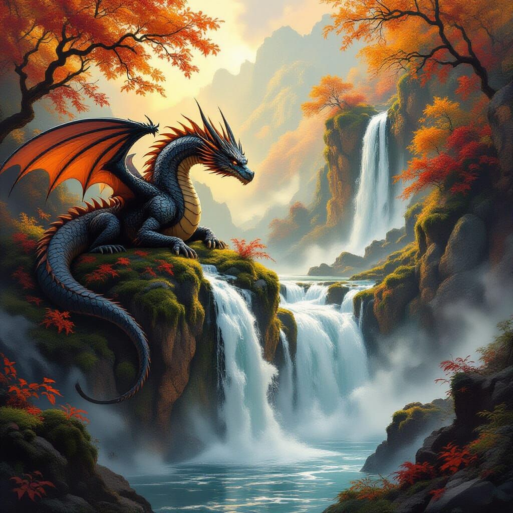 Ancient Obsidian Dragon Overlooks Autumn Waterfall