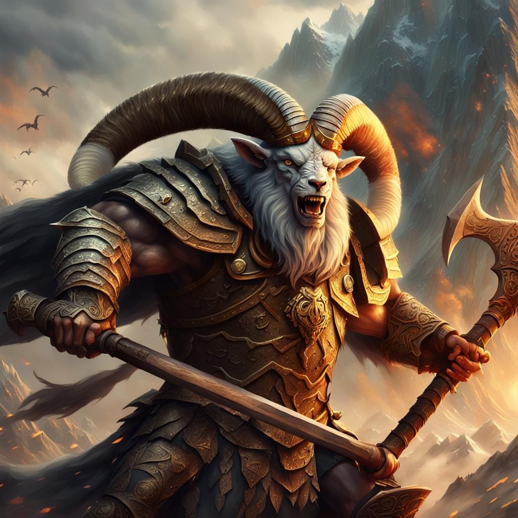 Ram-Horned Goliath Warrior Roars in Misty Mountains