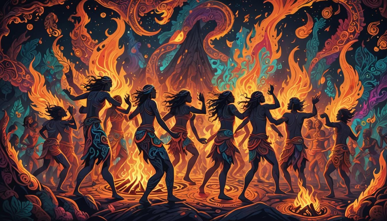 Psychedelic Tribal Dance Around Fire in Vector Fractal