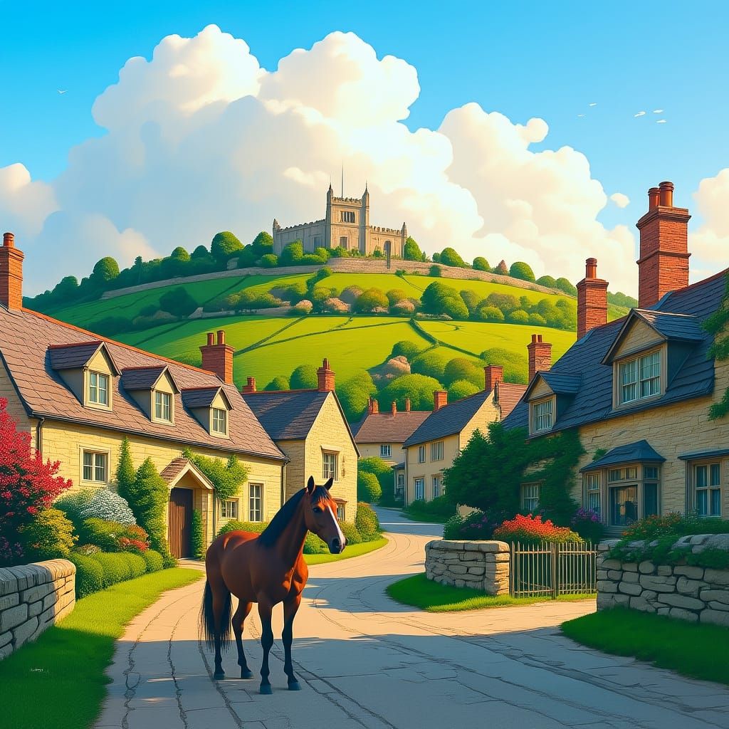 Realistic English Village with Horse, Professional Photograp...