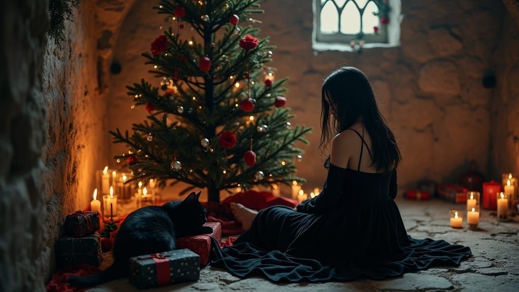 Gothic Christmas Crypt Scene with Goth Woman and Skeletal Tr...