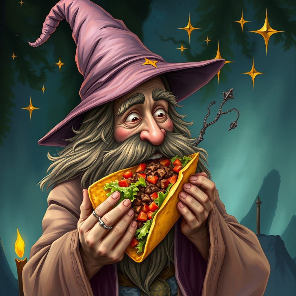 Mystical Wizard Devours Vibrant Taco in Dreamlike Style