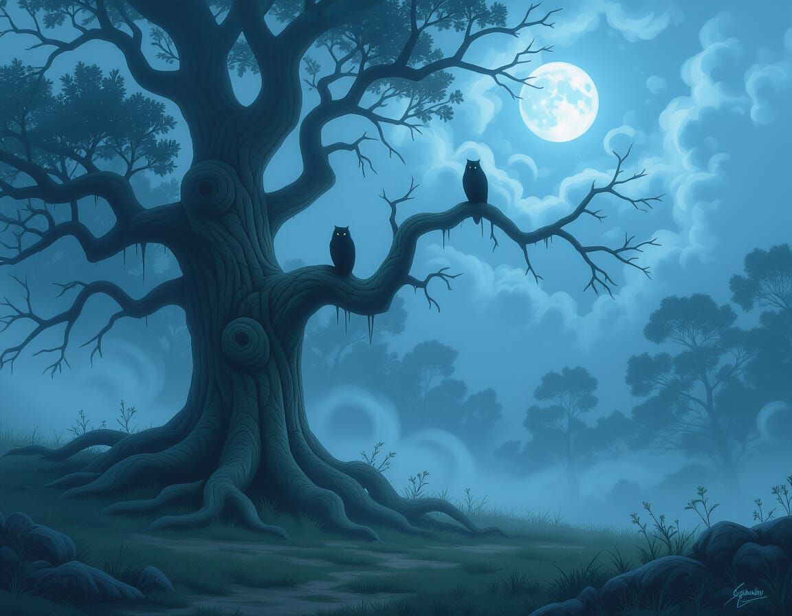 Misty Oak Clearing with Spectral Owl in Fantasy Style