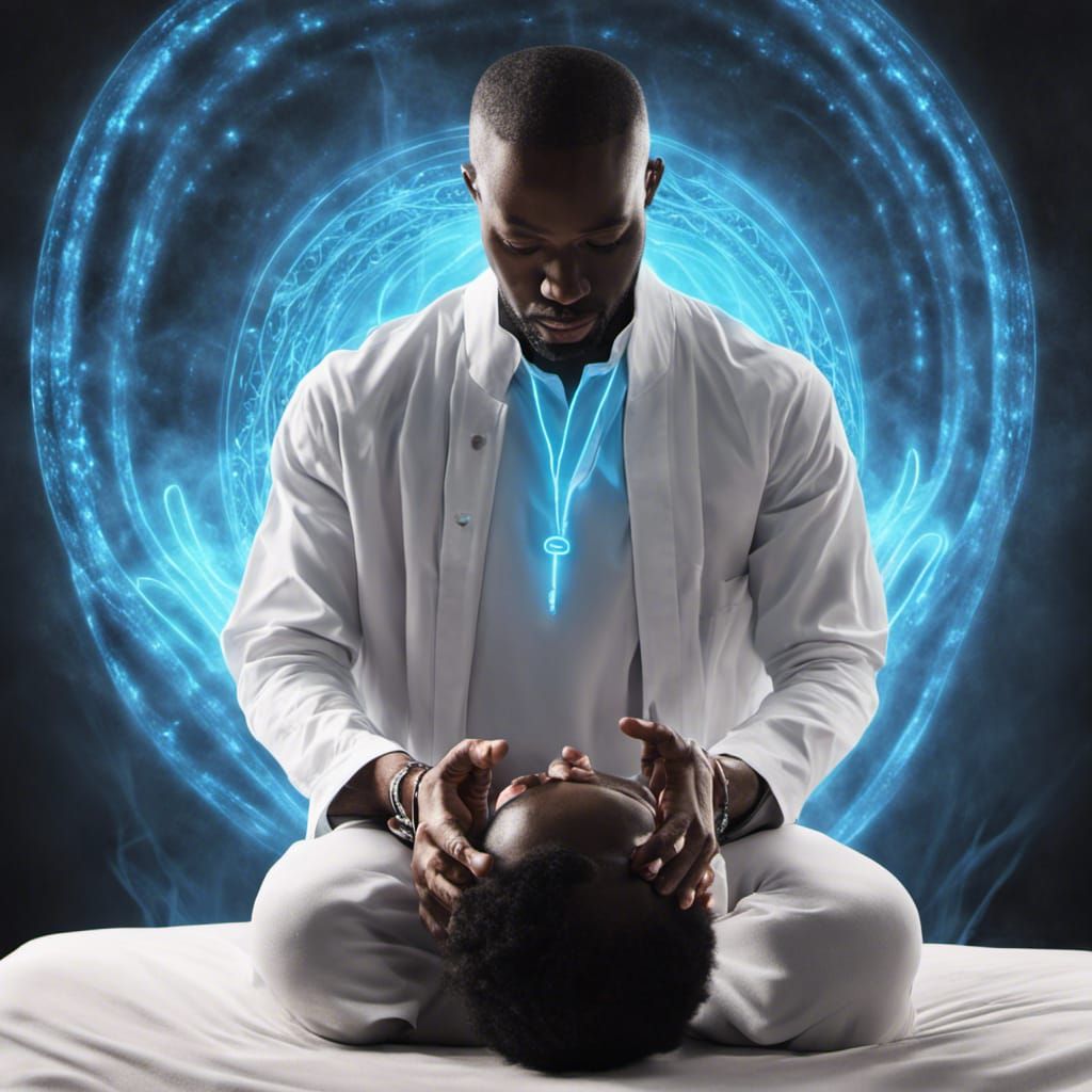 Reiki Master with Neon Glow Healing Patient