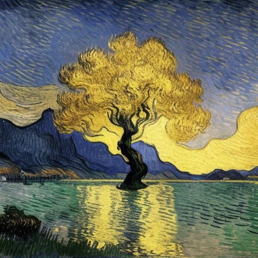 Golden Tree in Lake: Van Gogh Style Fantasy Art