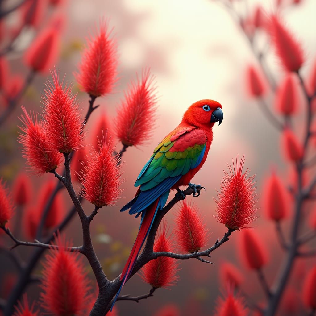 Bottlebrush and Rosella Parrot in Fantasy Art Style