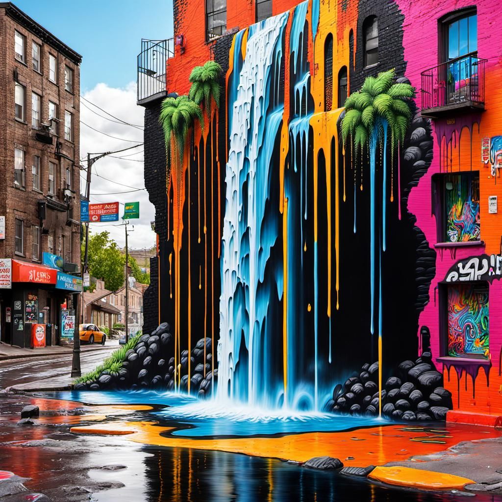 Vibrant 3D Waterfall Street Art in Polychromatic Style