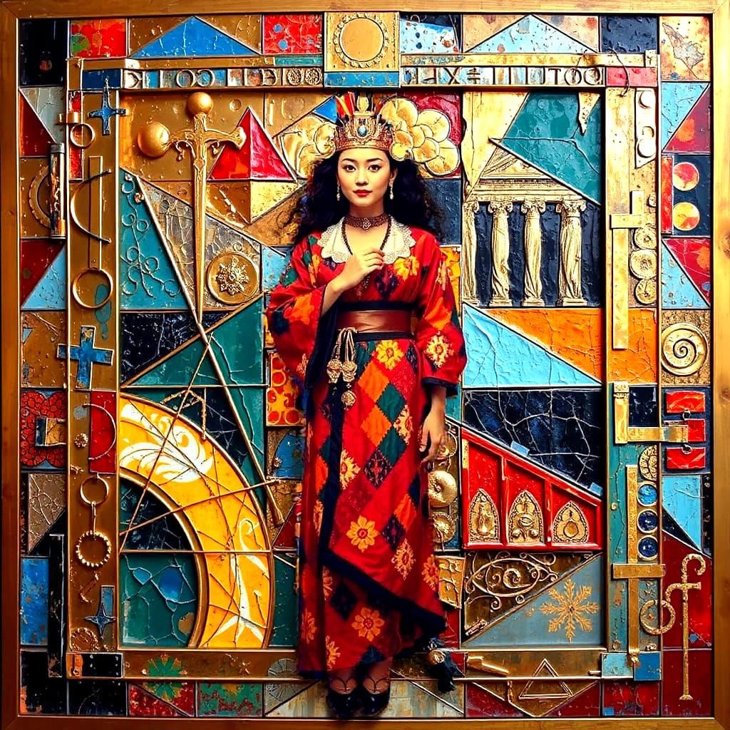 Bold Geometric Abstract Art: Red, Black, White, Blue, Gold