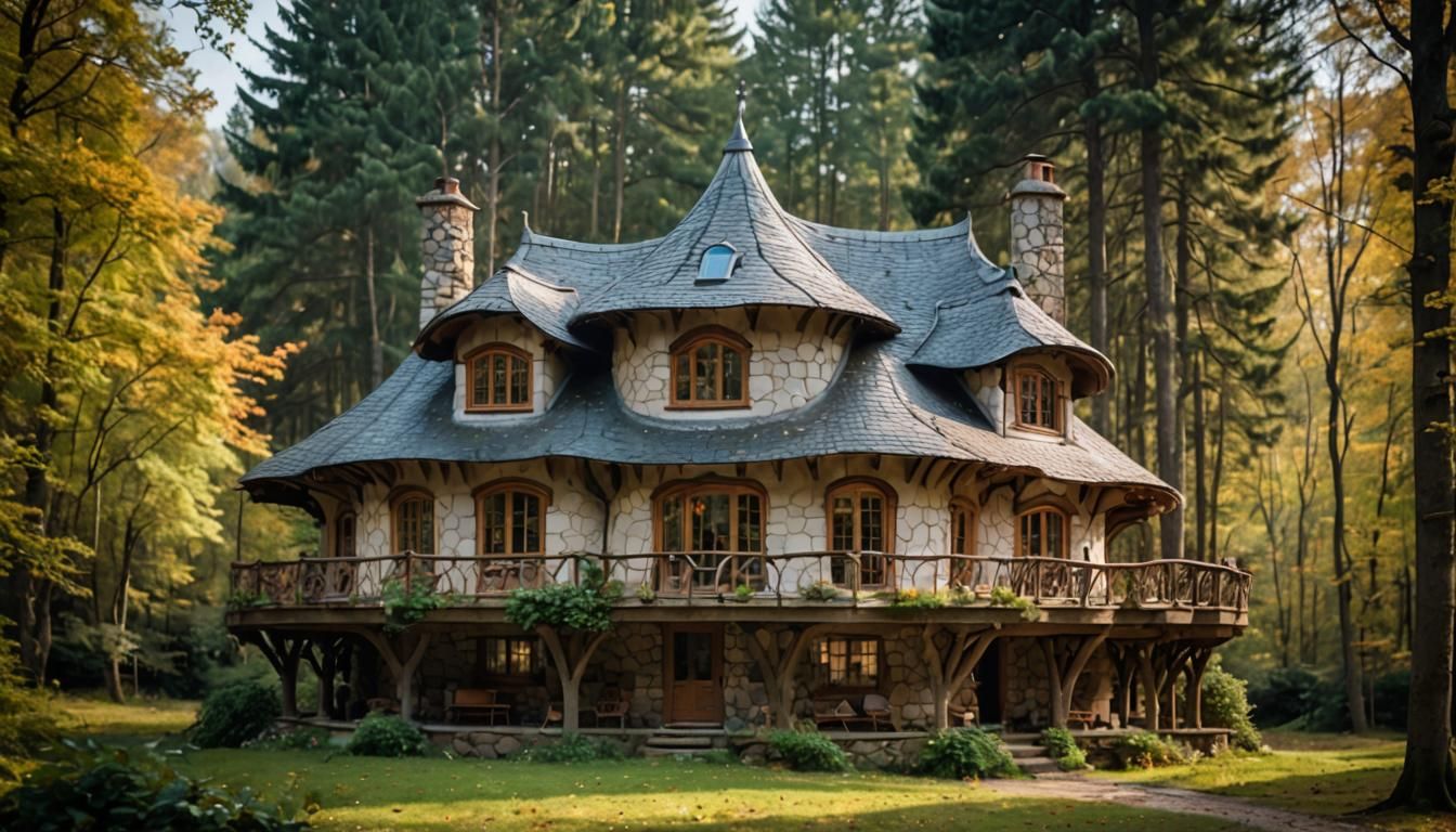 Quaint Cottage with Curvy Roof in Woods