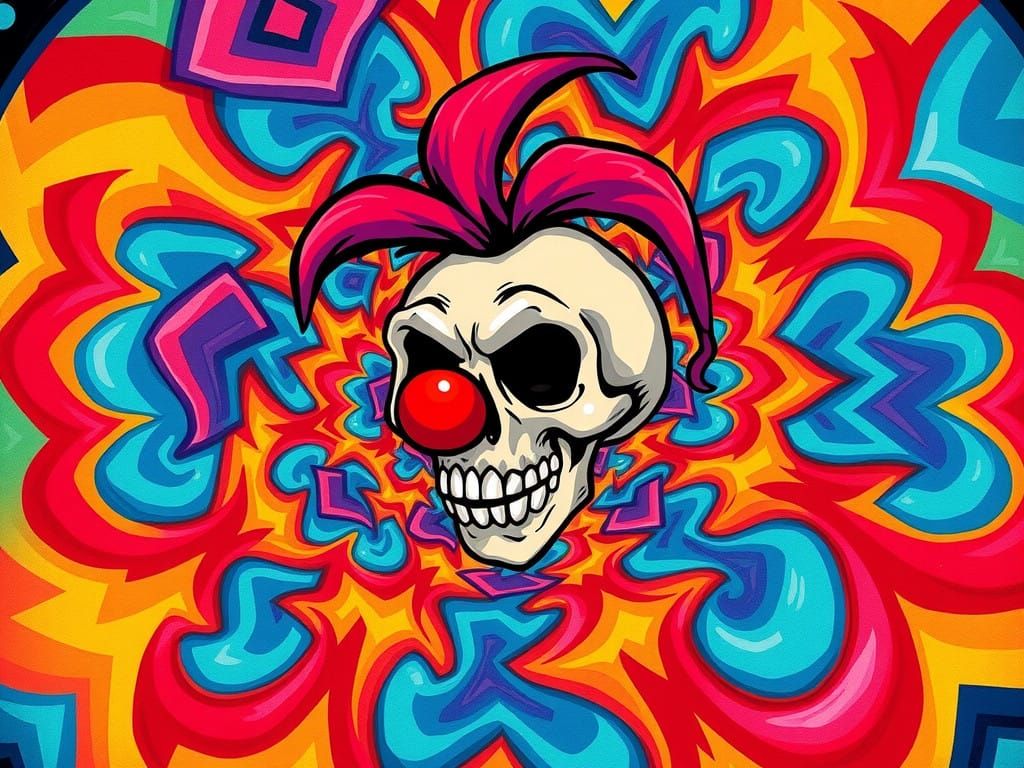 Whimsical Clown Skull Trapped in Vibrant Kaleidoscope Vortex