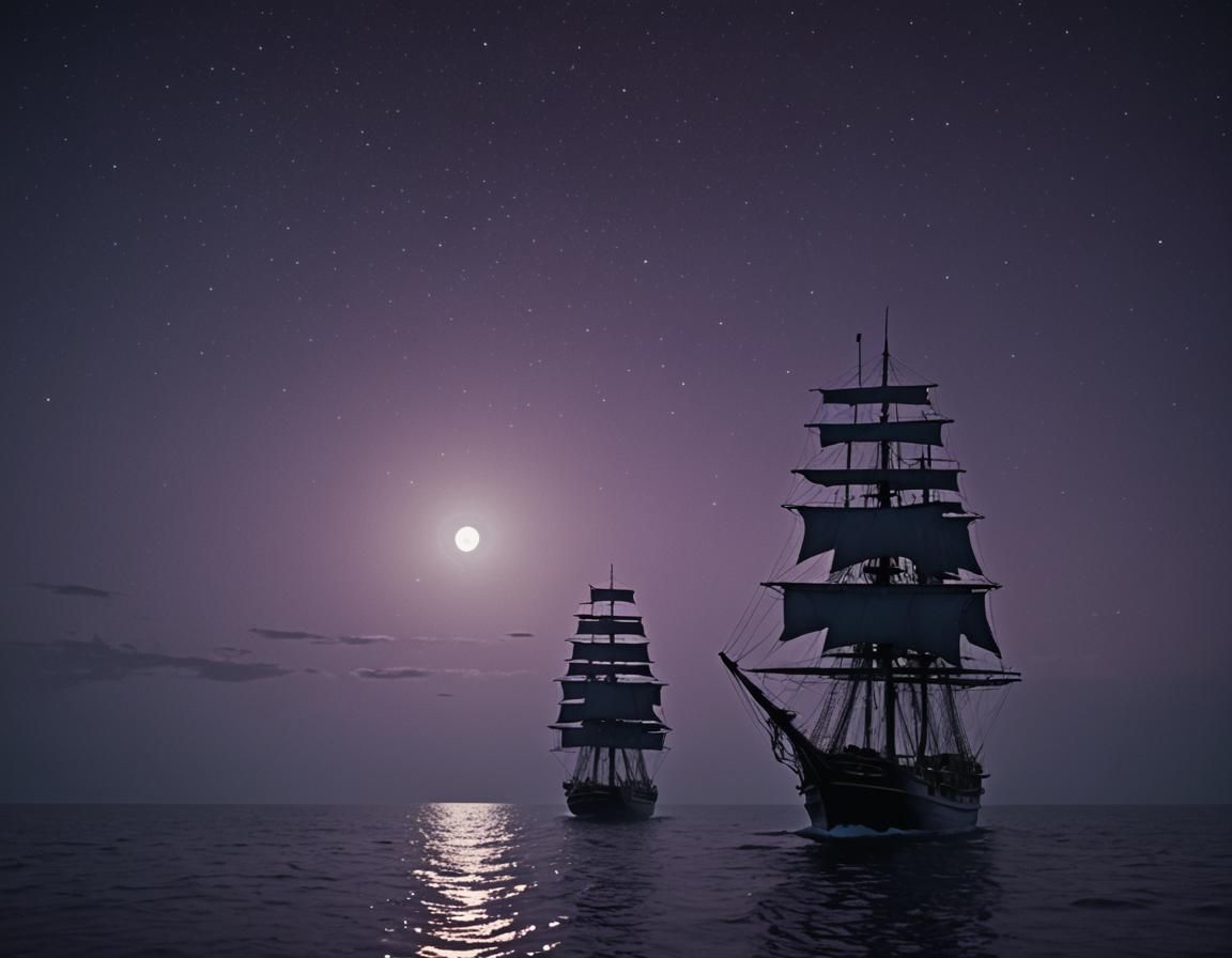 Tall Ship in Doldrums at Night: Low-Poly Aesthetic