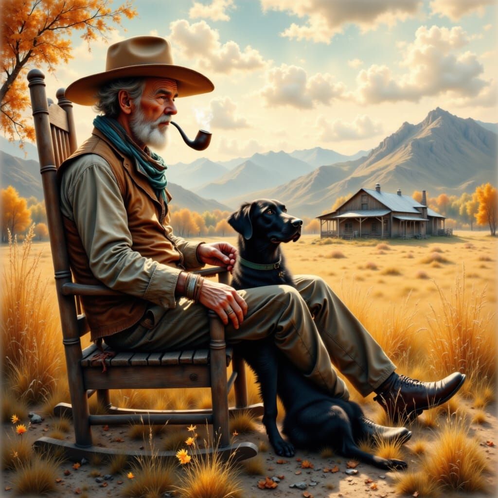 Prairie Elder with Dog in Old West Style