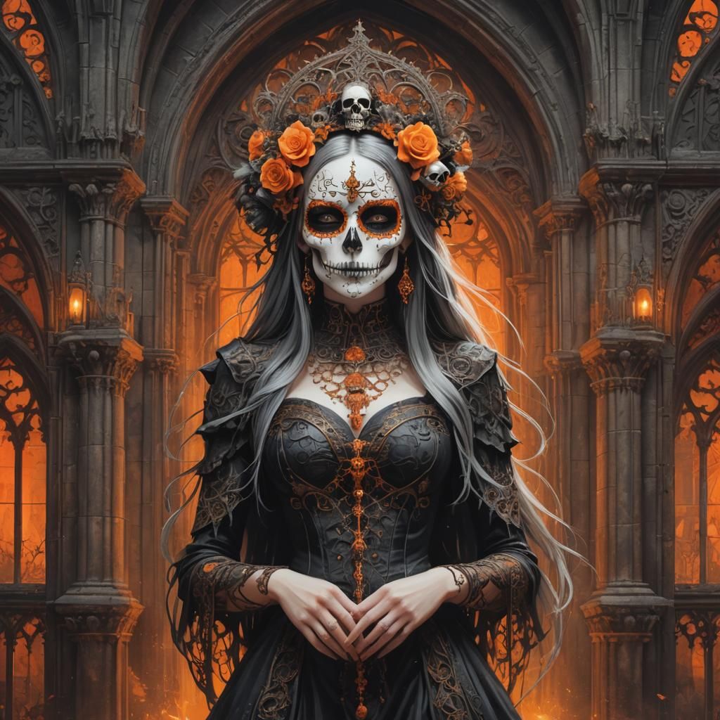 Gothic Goddess with Skull Mask in Digital Art