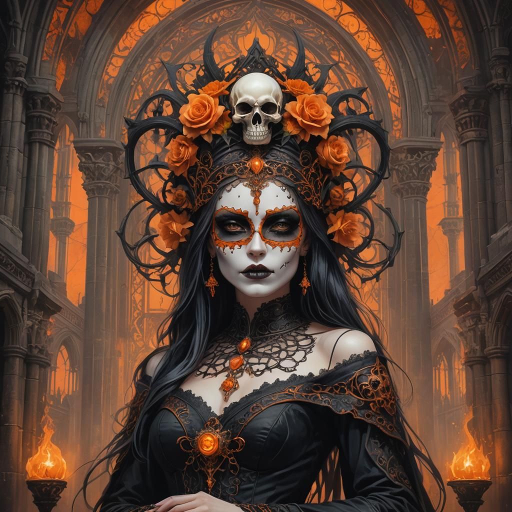 Gothic Goddess with Skull Mask in Digital Art